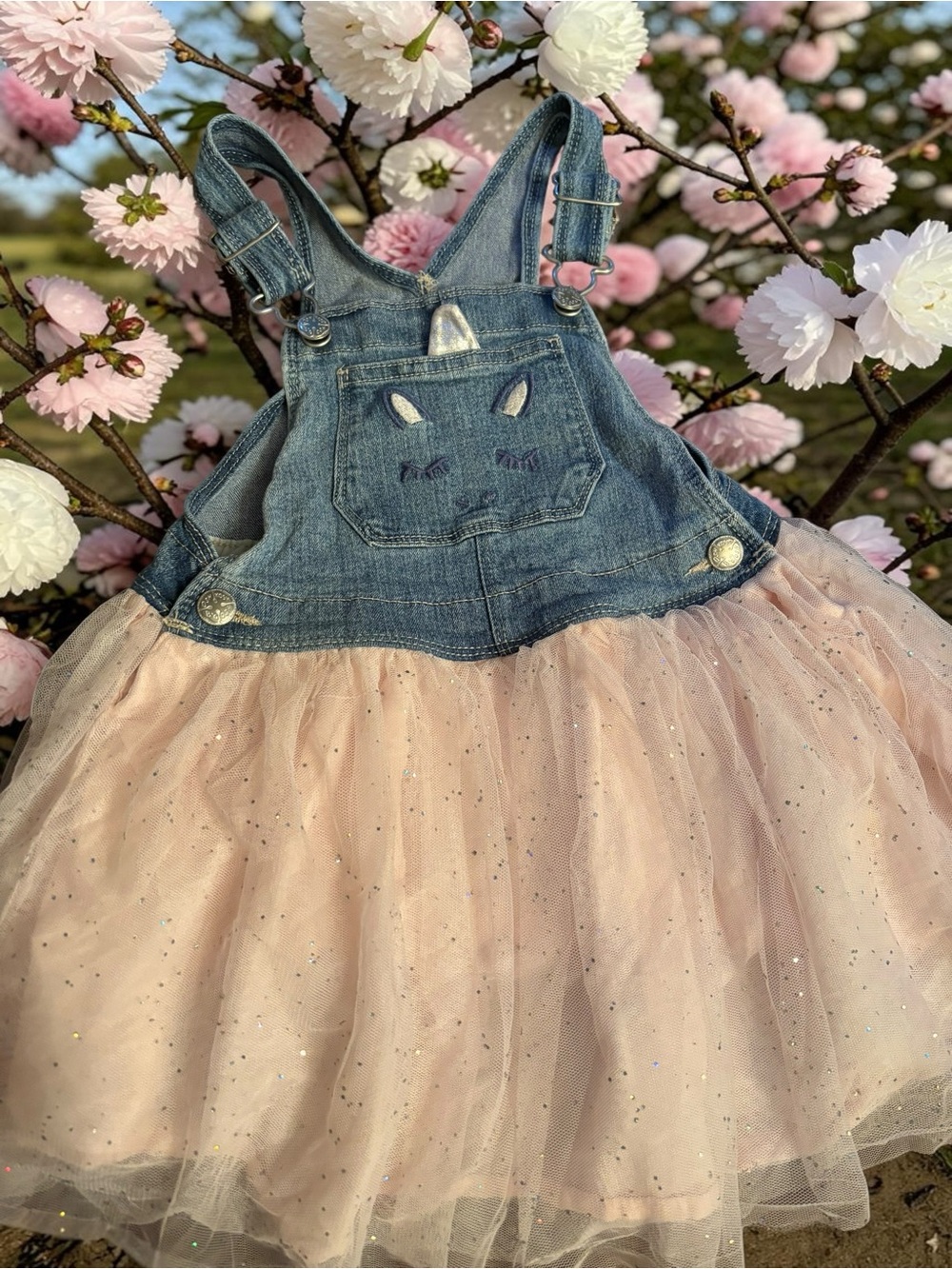 OshKosh B'gosh Denim Unicorn Tulle Romper / Overall dress- Blue and Pink